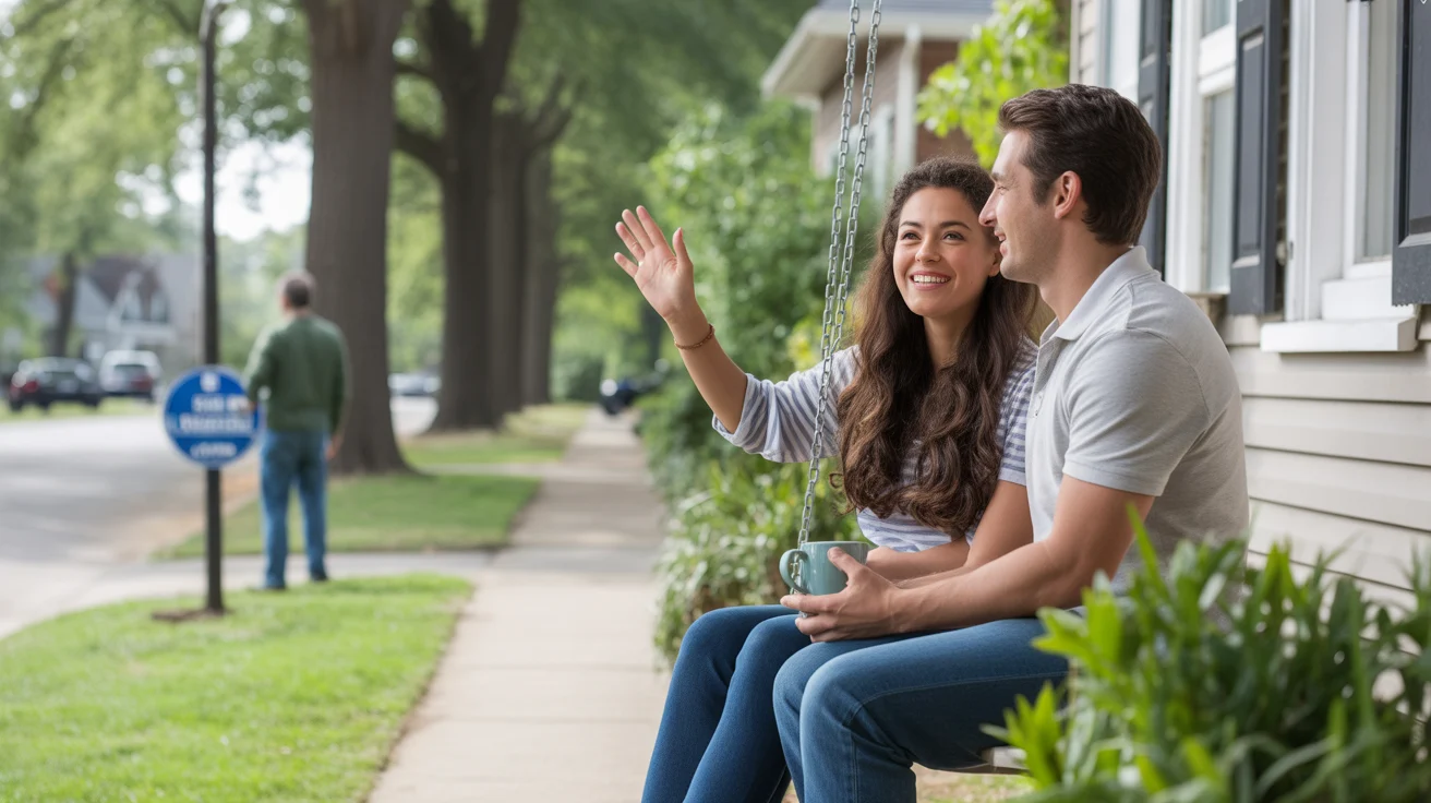 Couple enjoying morning coffee on porch of Wheaton home