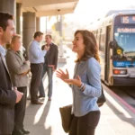 Two coworkers chat casually while waiting for the bus at a sunlit transit platform in Irvine, CA