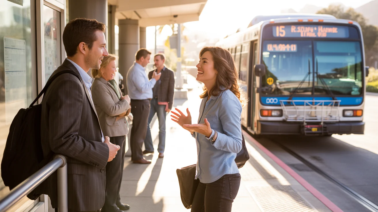 Two coworkers chat casually while waiting for the bus at a sunlit transit platform in Irvine, CA