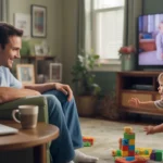 Father watches toddler play in living room of Lakewood home with laptop and TV nearby