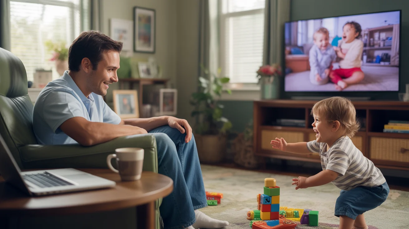 Father watches toddler play in living room of Lakewood home with laptop and TV nearby