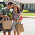 A couple unloading groceries from their car outside their suburban home in Chino Hills, CA