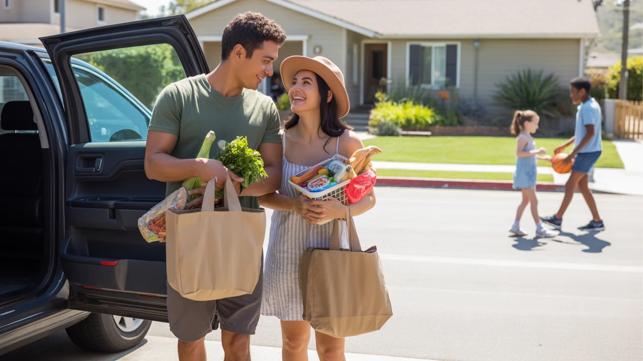 A couple unloading groceries from their car outside their suburban home in Chino Hills, CA