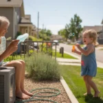 Grandmother fanning herself on shaded porch while granddaughter plays in xeriscaped yard in Sandy, Utah suburb