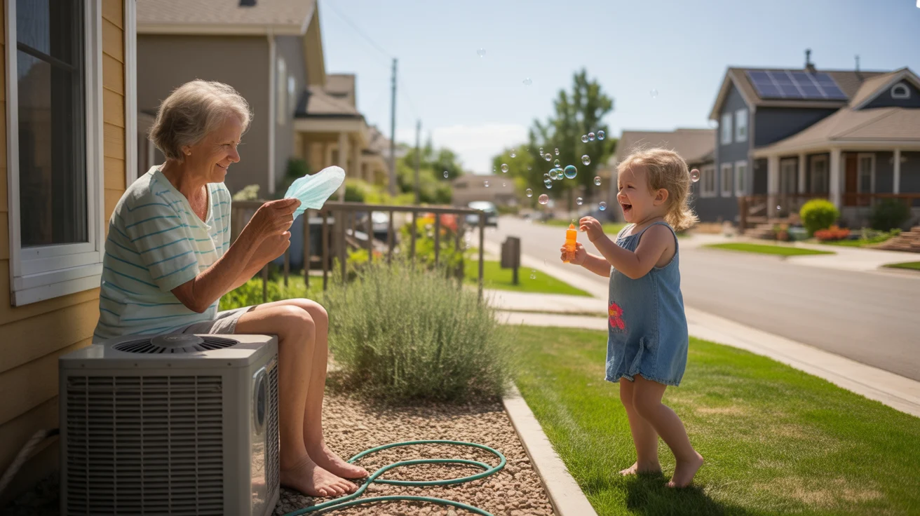 Grandmother fanning herself on shaded porch while granddaughter plays in xeriscaped yard in Sandy, Utah suburb