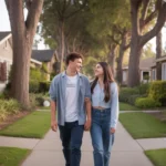 Couple walks through Fullerton neighborhood at sunset, admiring craftsman homes