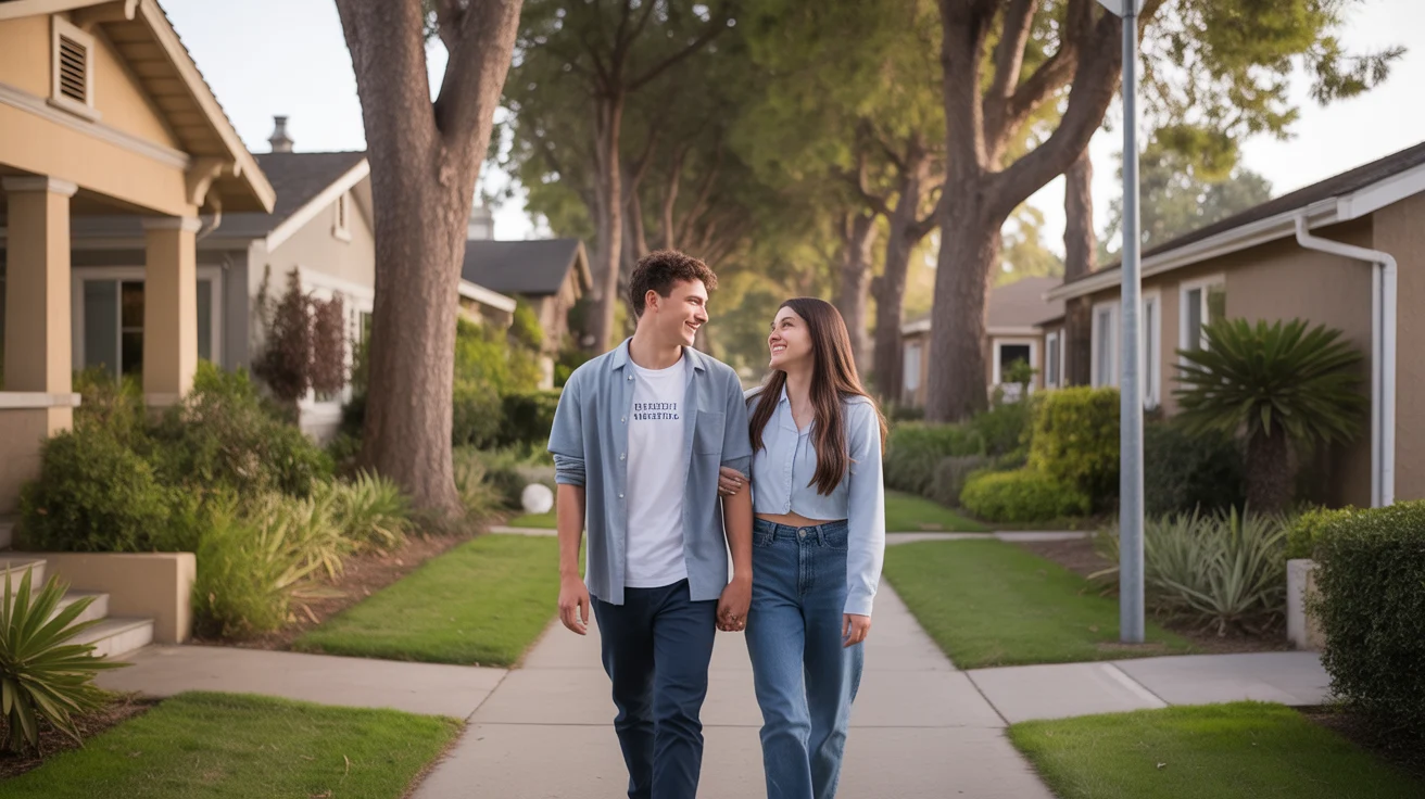 Couple walks through Fullerton neighborhood at sunset, admiring craftsman homes