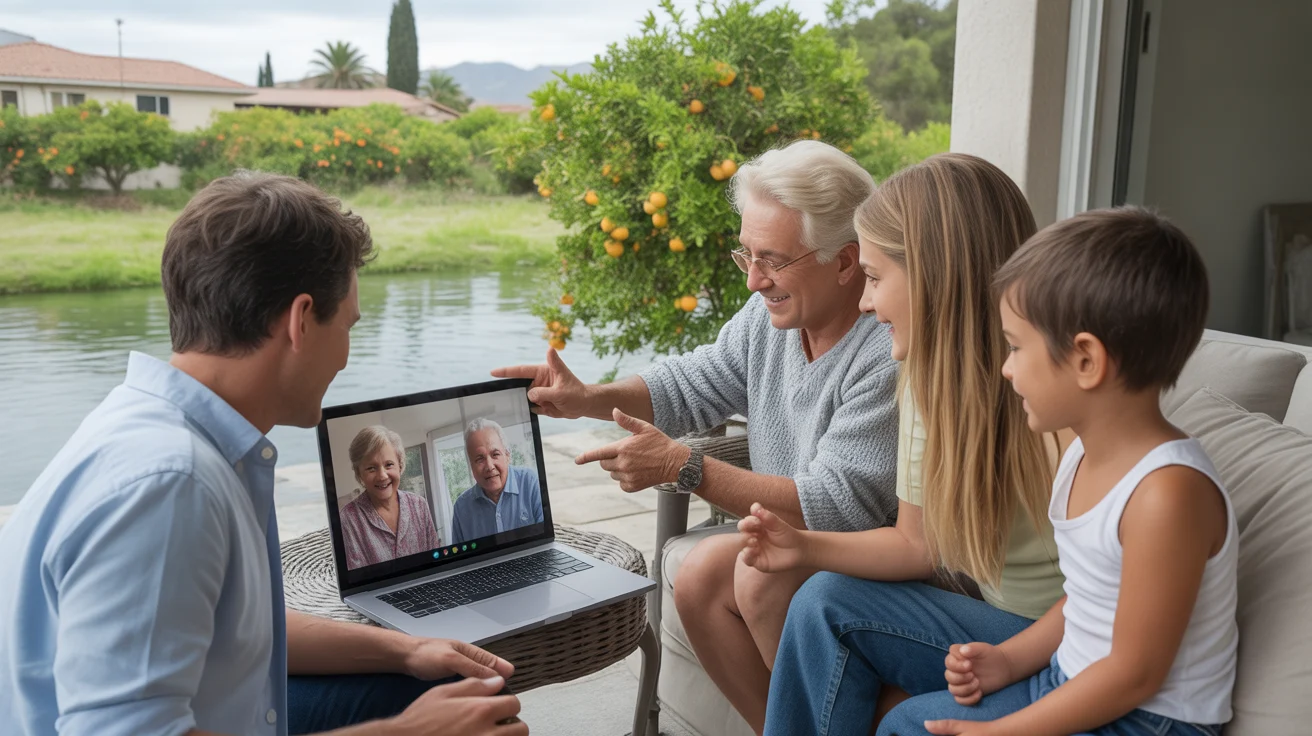 Family video chats with grandparents from patio of new Riverside home