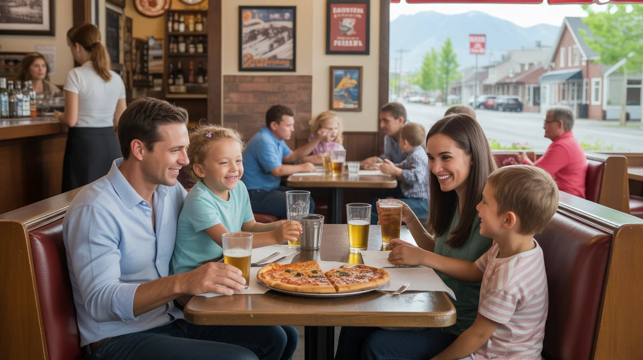 A young family enjoying pizza together at a cozy local restaurant in Sandy, Utah.