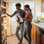 Two roommates checking their pantry before grocery shopping in their Littleton, Colorado apartment kitchen.
