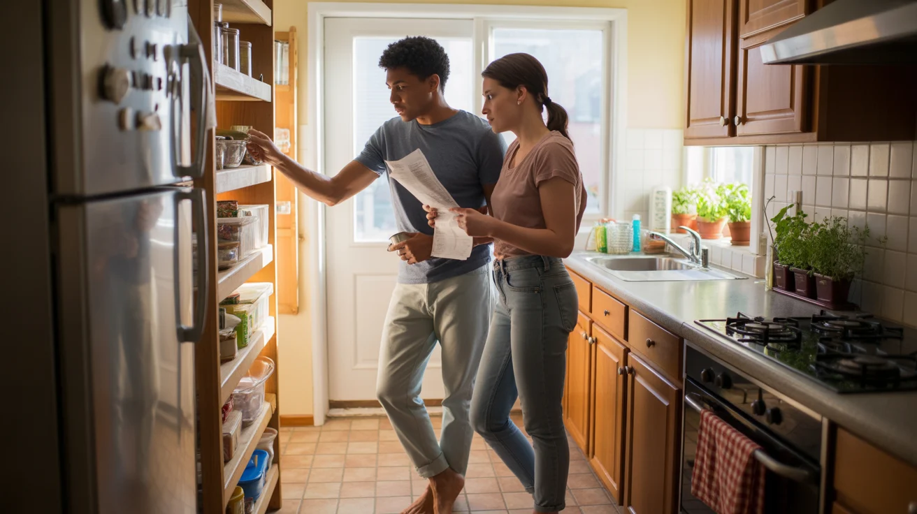 Two roommates checking their pantry before grocery shopping in their Littleton, Colorado apartment kitchen.