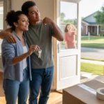 Couple standing in empty living room of new house in Garland, Texas