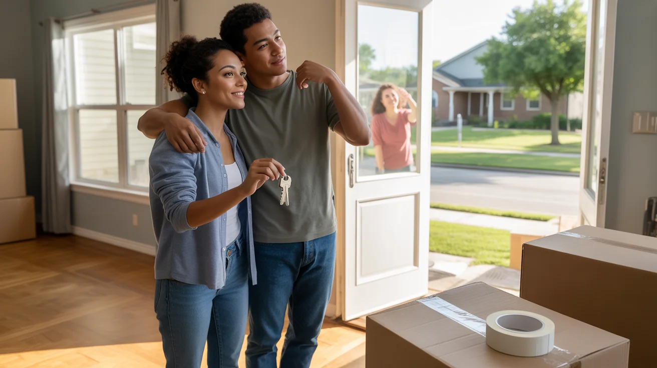 Couple standing in empty living room of new house in Garland, Texas