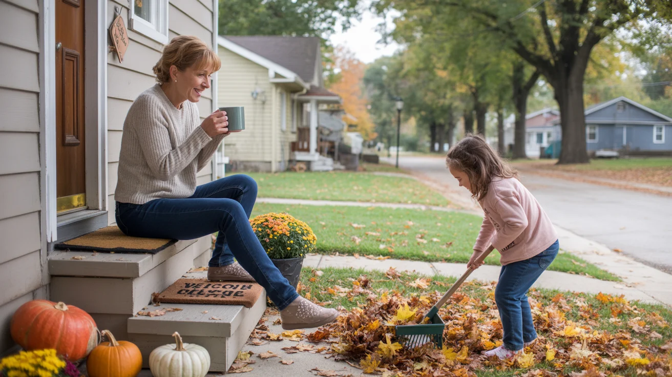Woman drinking coffee on front porch while watching daughter play in autumn leaves