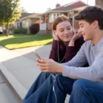 Two teenagers share earbuds while sitting on the front steps of a suburban home in Broomfield, Colorado at sunset.