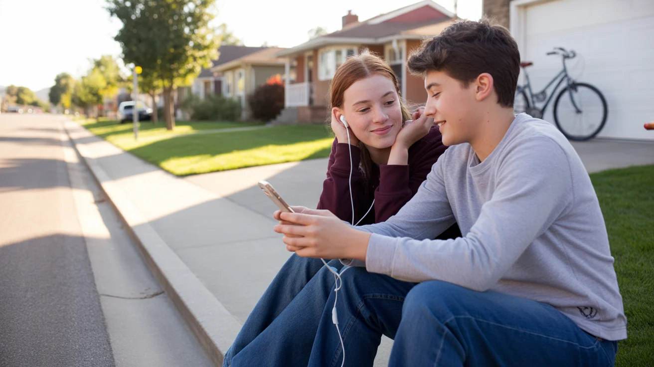 Two teenagers share earbuds while sitting on the front steps of a suburban home in Broomfield, Colorado at sunset.