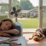 Young girl napping on living room couch with dog and ceiling fan in Durham, NC home