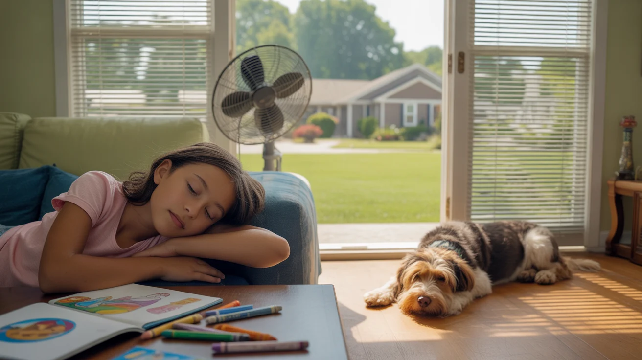 Young girl napping on living room couch with dog and ceiling fan in Durham, NC home