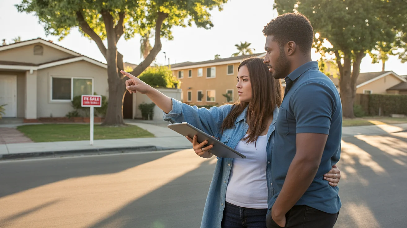 Couple considers housing options in San Bernardino neighborhood at sunset