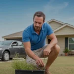 Man pulling weeds in front yard of modest home in Mckinney, Texas