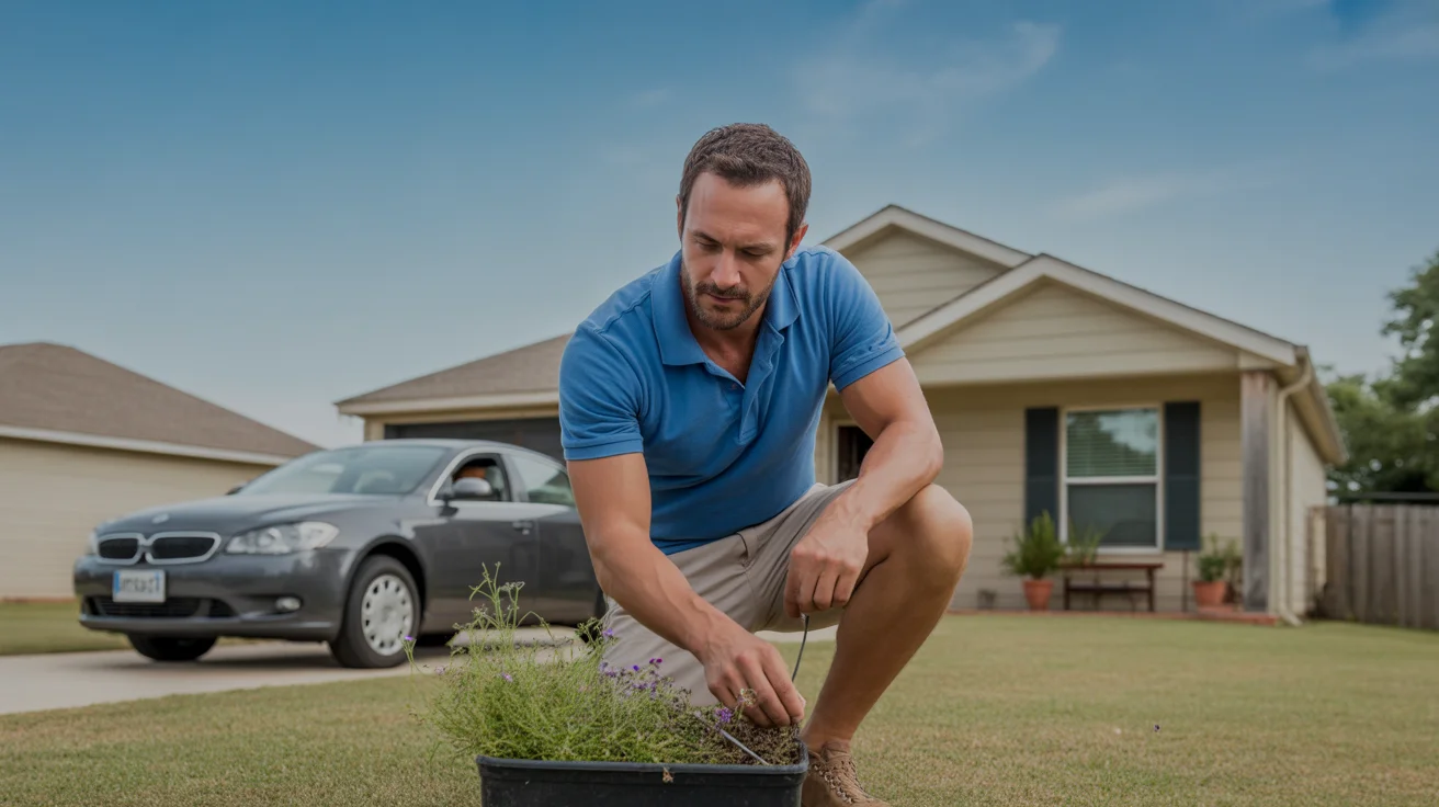 Man pulling weeds in front yard of modest home in Mckinney, Texas