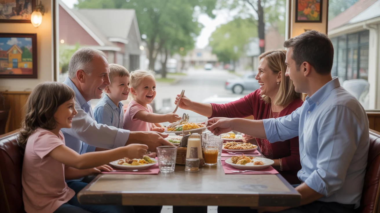 A multi-generational family enjoying dinner together at a cozy restaurant in Aurora, CO