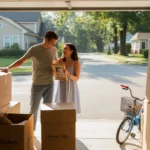 A couple unpacking boxes in their new home's garage in Raleigh, NC