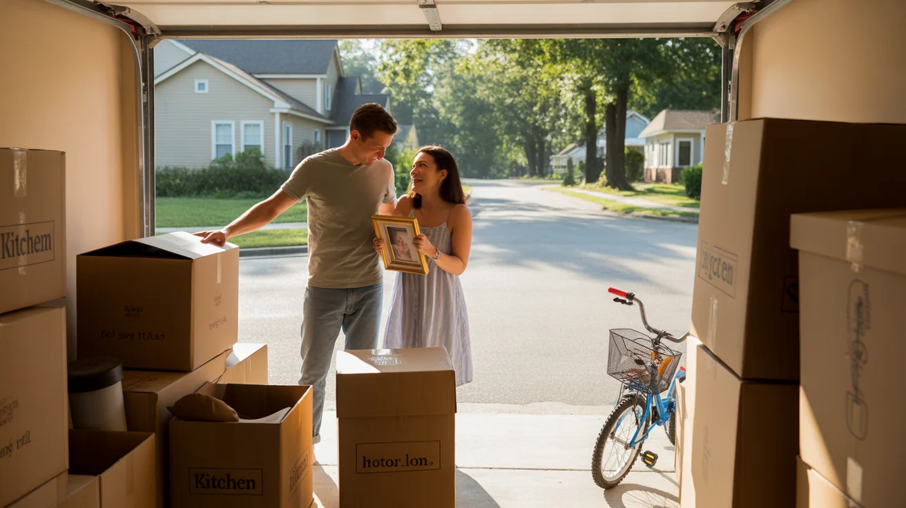 A couple unpacking boxes in their new home's garage in Raleigh, NC