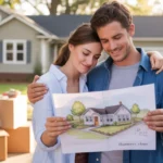 A couple looks at a hand-drawn neighborhood map in the driveway of their new Huntersville home