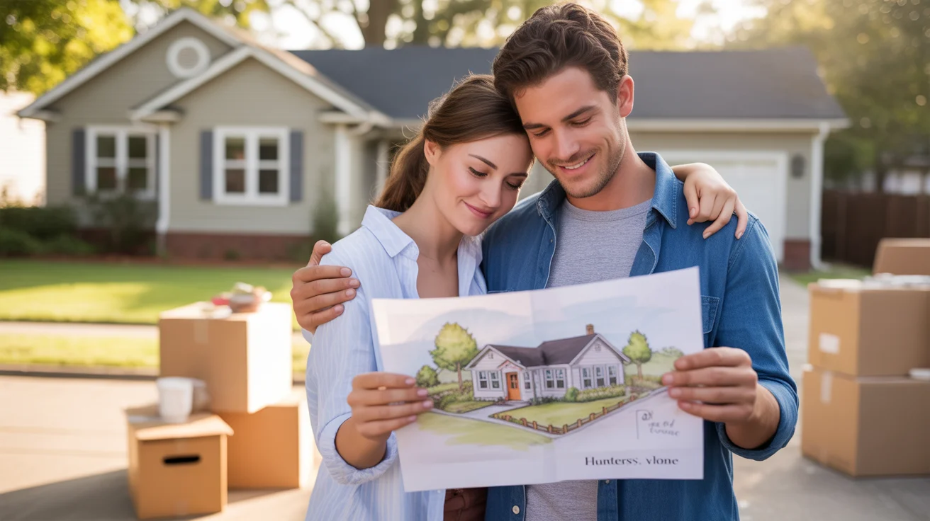 A couple looks at a hand-drawn neighborhood map in the driveway of their new Huntersville home