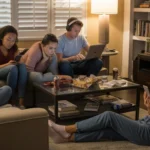 A group of friends hang out in a living room, each focused on their own device