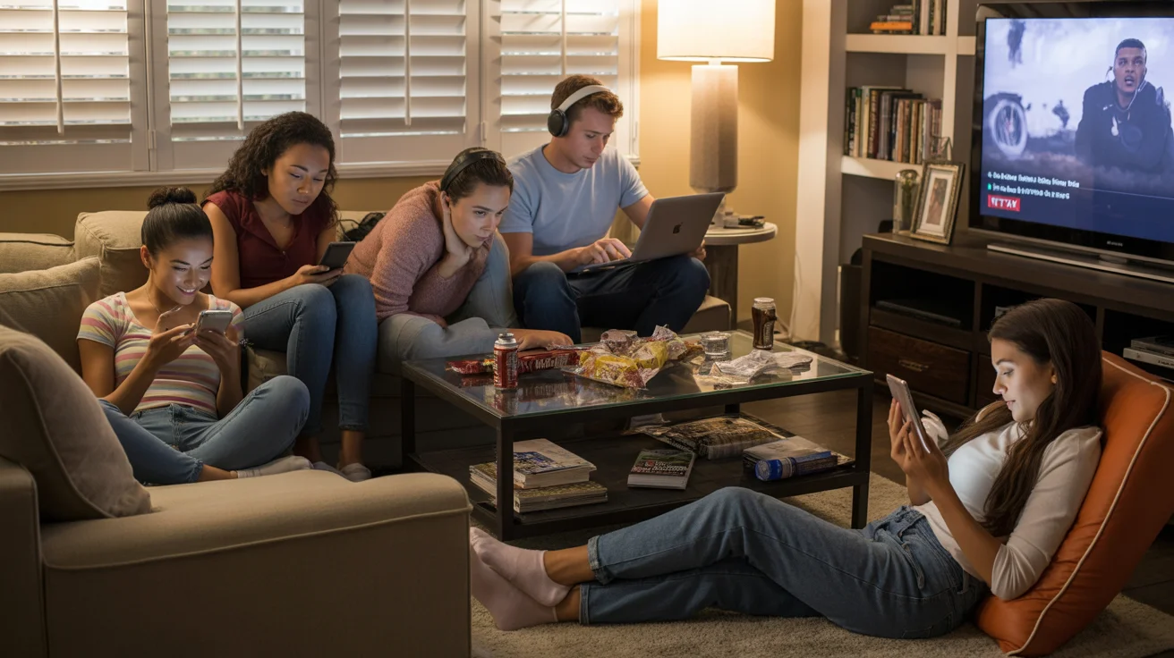A group of friends hang out in a living room, each focused on their own device