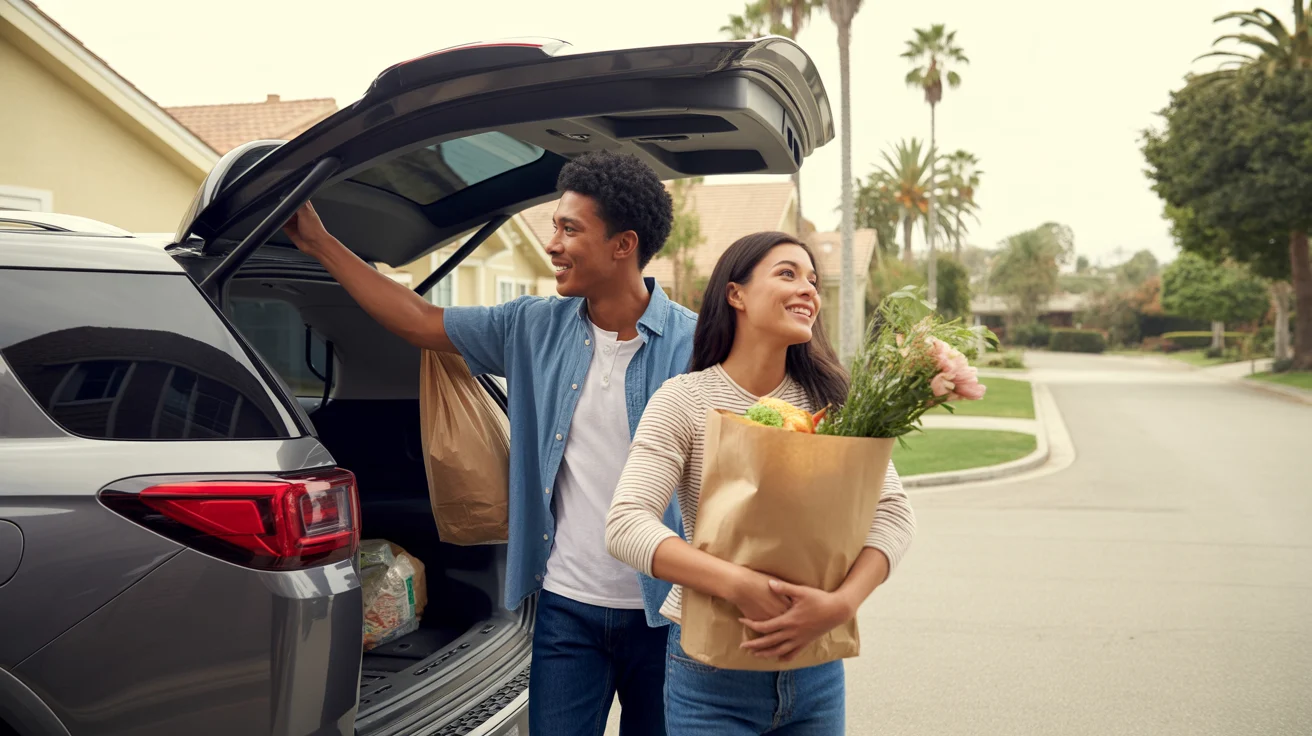 A couple unloading groceries from their car outside their Anaheim home