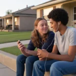 Two teenagers share earbuds while sitting on the front steps of a home in Grand Prairie, Texas at sunset