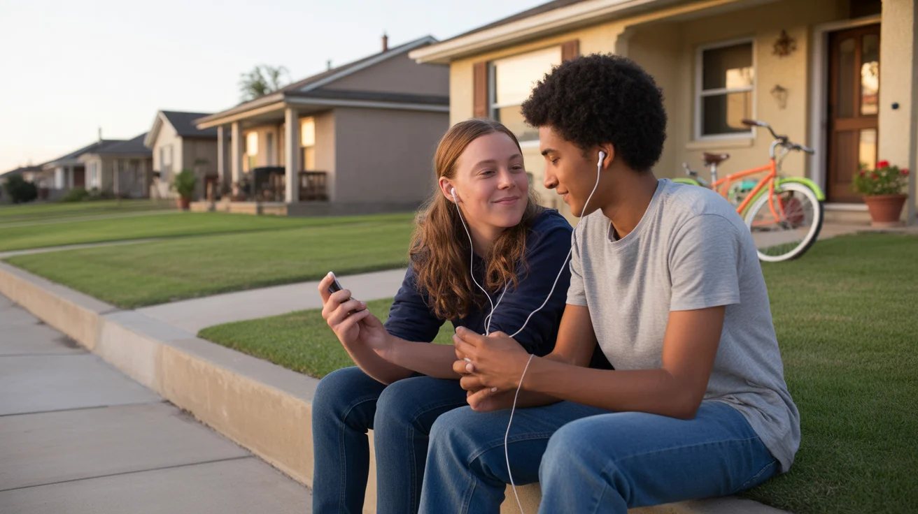 Two teenagers share earbuds while sitting on the front steps of a home in Grand Prairie, Texas at sunset