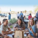 Coworkers enjoying lunch together outdoors at a restaurant in Spring Valley, NV