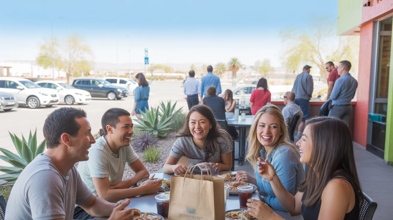 Coworkers enjoying lunch together outdoors at a restaurant in Spring Valley, NV