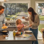 Family eating breakfast in kitchen of new suburban home in Lakeland, Florida