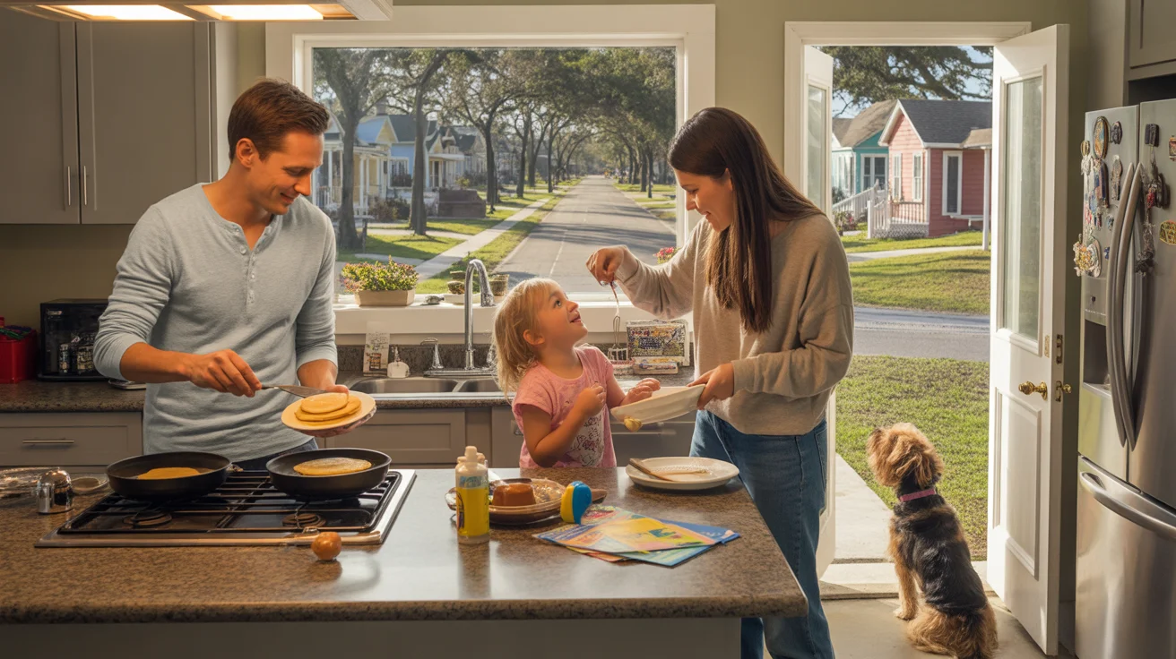 Family eating breakfast in kitchen of new suburban home in Lakeland, Florida