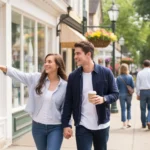 A couple window shopping on a sunny street in Alpharetta, Georgia