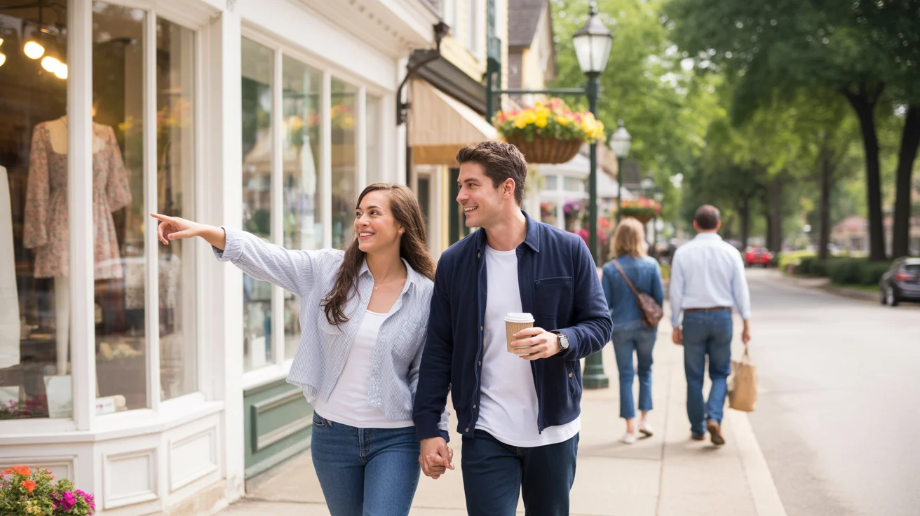 A couple window shopping on a sunny street in Alpharetta, Georgia