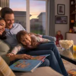 A family of three relaxes together on the couch watching TV in their cozy Colorado living room at sunset.