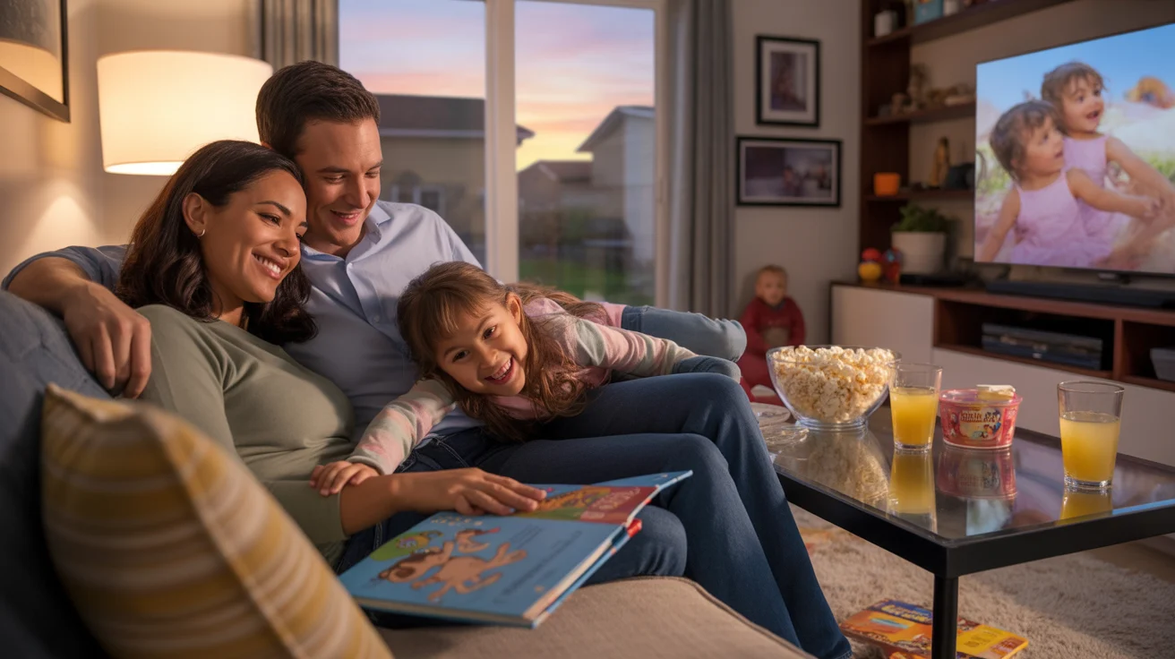 A family of three relaxes together on the couch watching TV in their cozy Colorado living room at sunset.