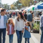 A young family enjoying a sunny Saturday morning at a farmers market in Fullerton, CA.