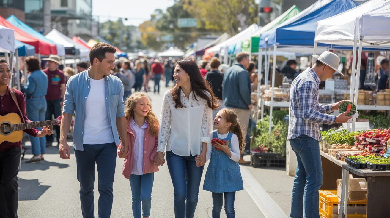 A young family enjoying a sunny Saturday morning at a farmers market in Fullerton, CA.