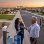Neighbors chat while refilling water jugs at a community station on a Sunrise Manor street at sunset.