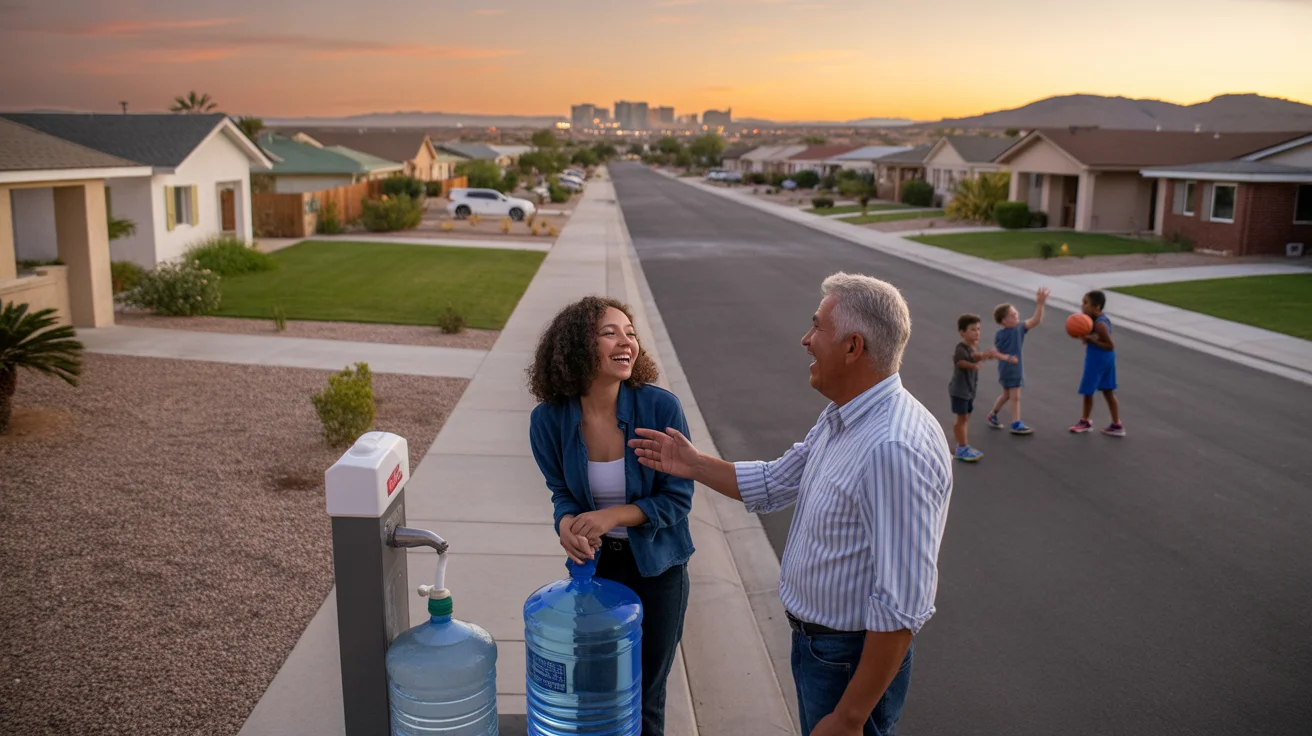 Neighbors chat while refilling water jugs at a community station on a Sunrise Manor street at sunset.