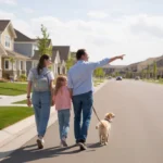 Family walking dog in new Lehi UT neighborhood on sunny day