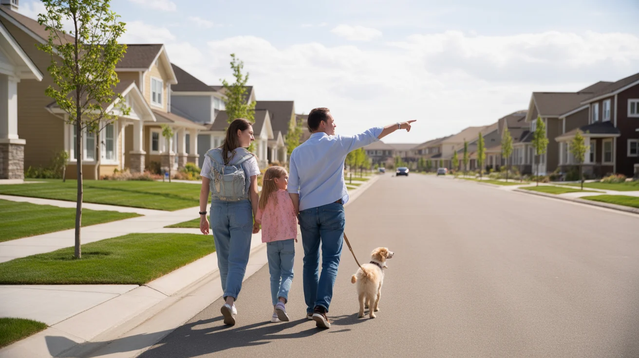 Family walking dog in new Lehi UT neighborhood on sunny day
