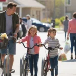 Father and two children unlocking bikes after grocery shopping in Lehi, Utah